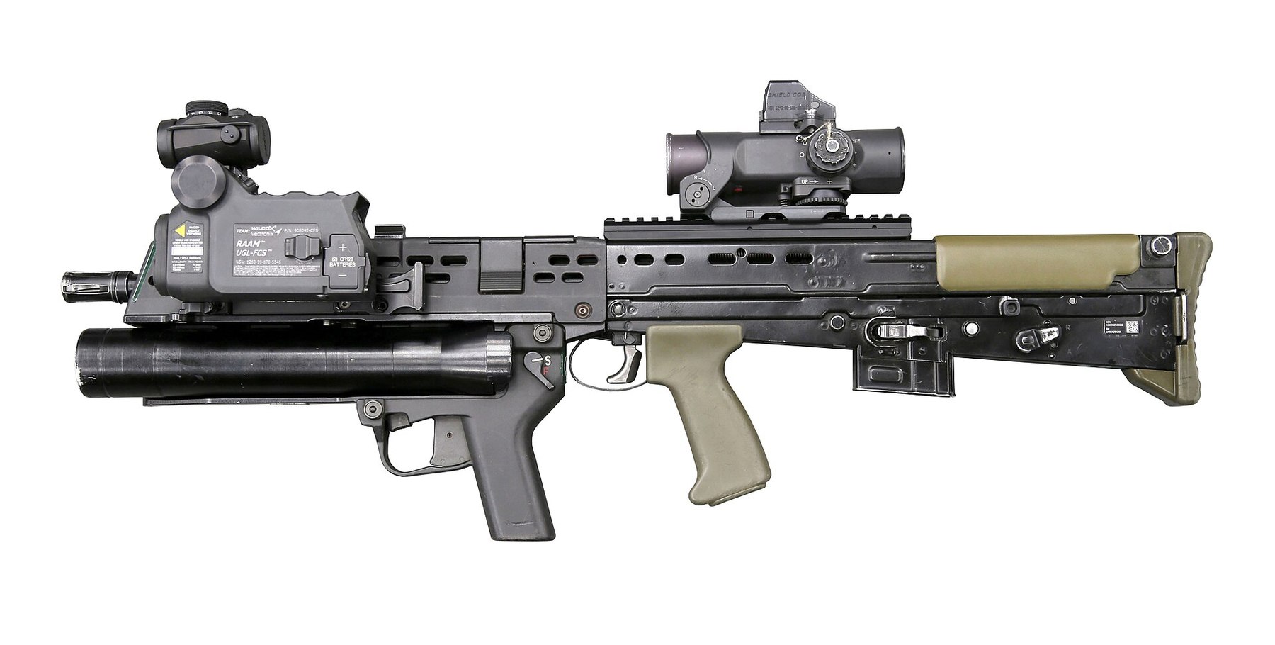 Figure 7 — An SA80-A2 with underslung grenade launcher and laser light module on a white background, muzzle left, with tan furniture and an optical sight. MOD photograph by Steve Dock, Open Government Licence…