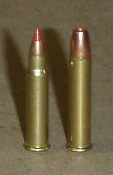 Figure 2 — Left, a .17 HMR; right, the .22 WMR it was made from. Same rim, same case head, same body: the difference is the shoulder and the bullet.