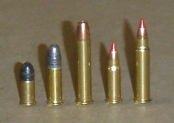 Figure 3 — The rimfire family, left to right: .22 Short, .22 Long Rifle, .22 WMR, .17 HM2 and .17 HMR. The two .17s are necked versions of the cartridge to their left, which is exactly why they cannot be exch…