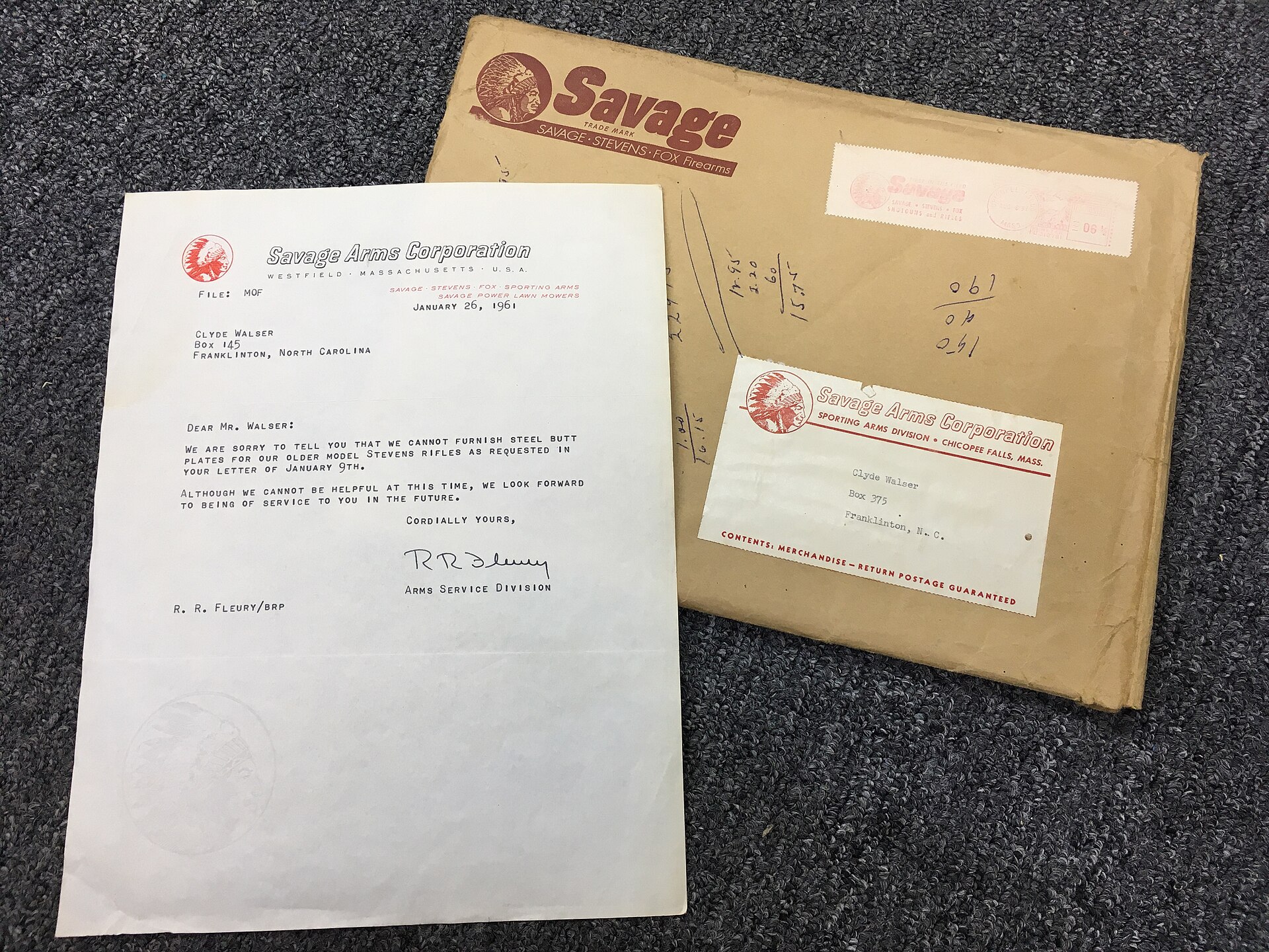 Figure 2 — A 1961 letter from the Savage Arms parts department, answering a customer who wanted a replacement butt plate: the part was no longer available. Parts support for any rifle ends eventually; the pra…