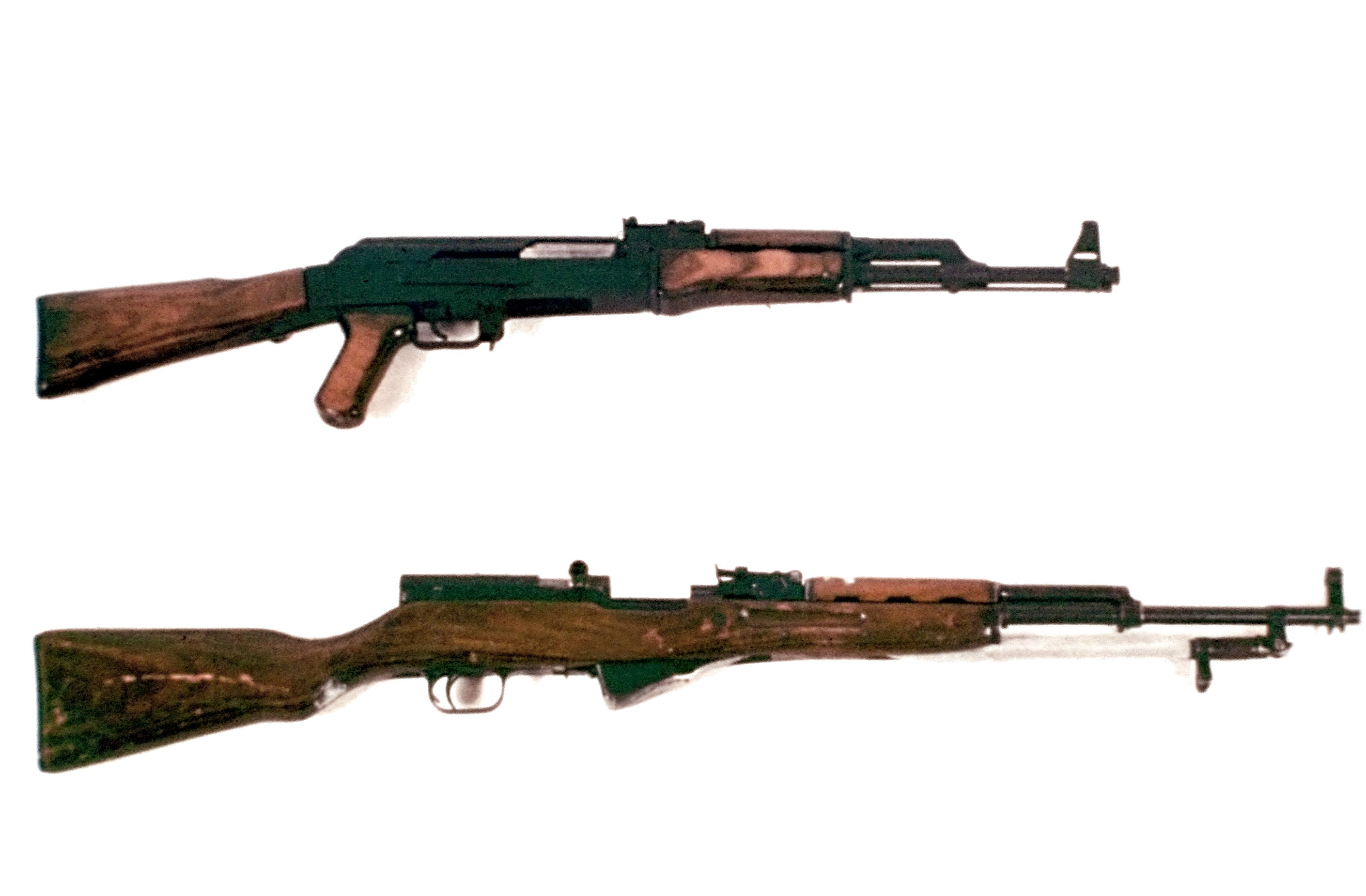 Figure 2 — An AK-47 above and an SKS below, from a US Department of Defense reference photograph. They share a cartridge, a country, a decade and a design philosophy, and almost nothing else mechanically — th…