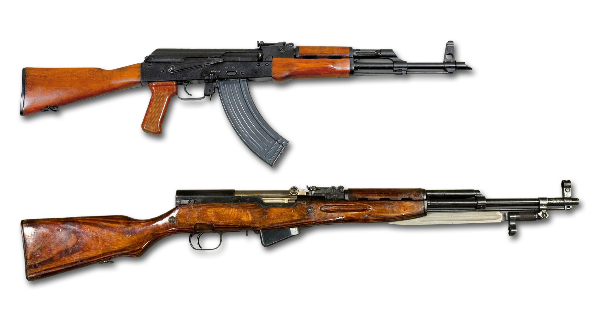 Figure 2 — An AKM above and an SKS-45 below, shown to the same scale. The SKS is the longer rifle with the shorter magazine, and by the mid-1950s that was the wrong trade.