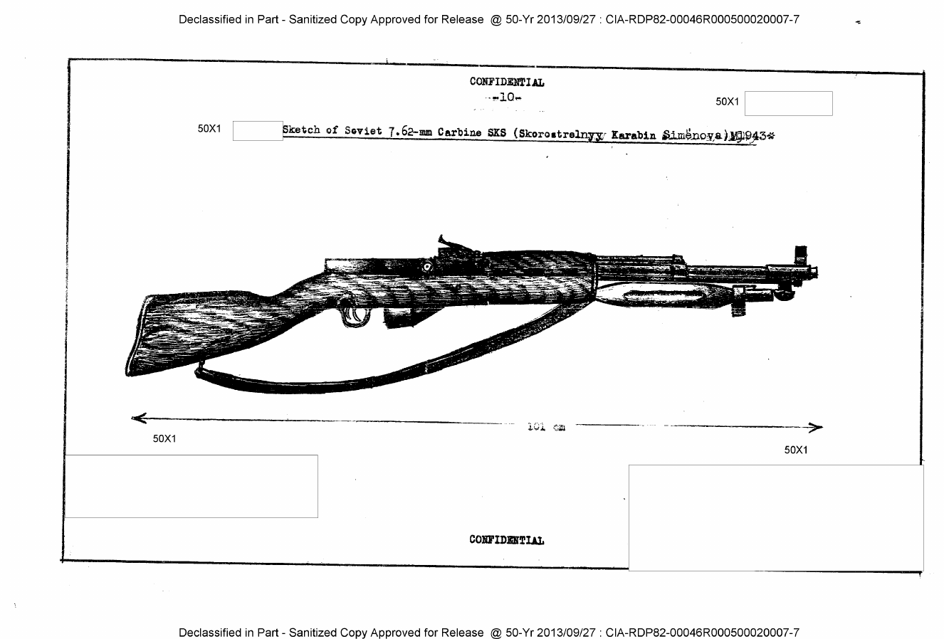Figure 3 — The line drawing attached to the 1955 report, captioned "Sketch of Soviet 7.62-mm Carbine SKS (Skorostrelnyy Karabin Simonova) M1943" and dimensioned 101 cm. Compared with the 1953 memory sketch th…