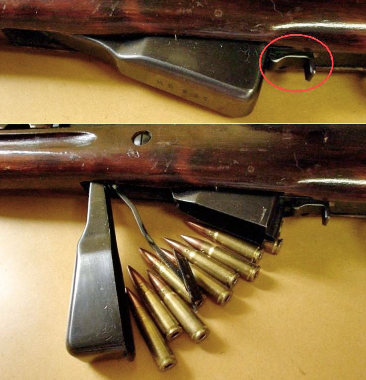 Figure 9 — The fixed magazine, released and swung down. This is how you unload an SKS.