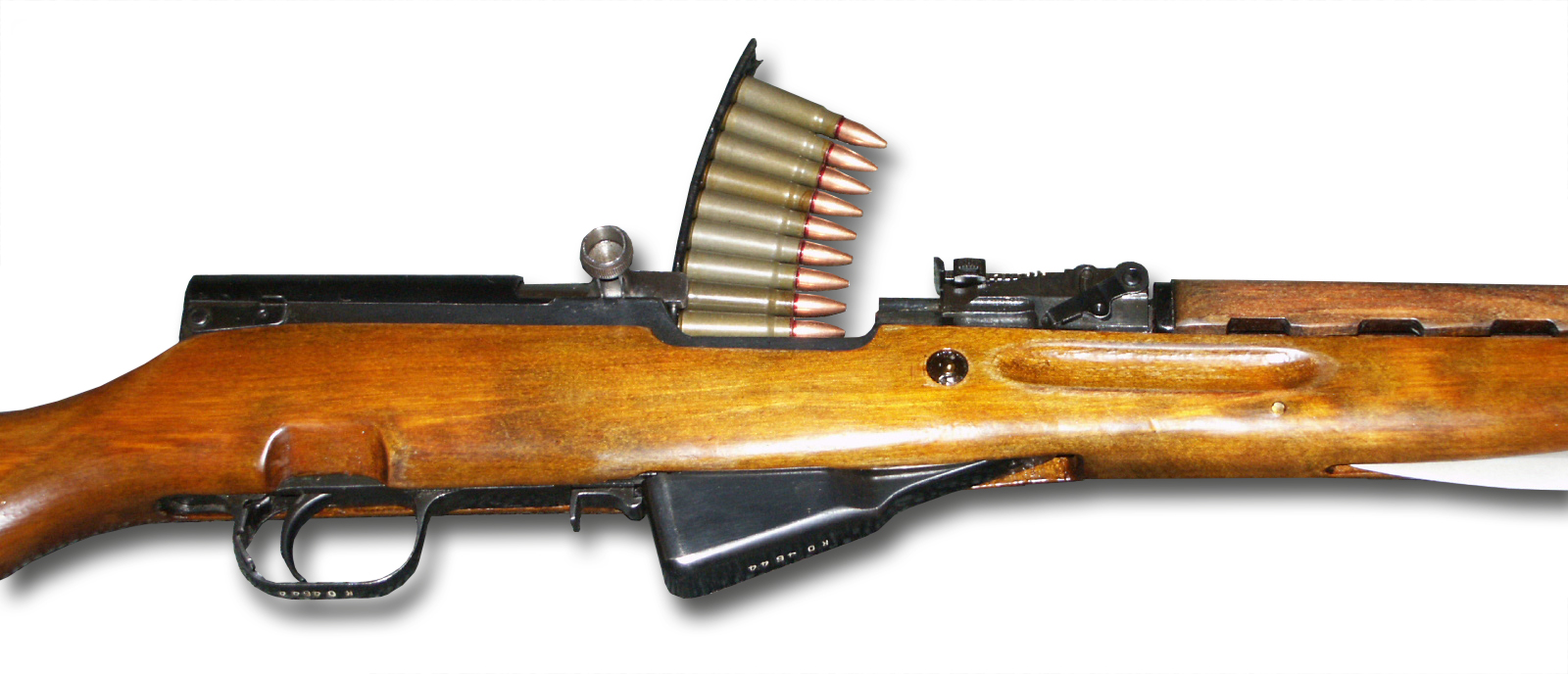Figure 7 — Charging from a stripper clip. The clip guide is machined into the bolt carrier, so the carrier has to be back and locked for the clip to seat.