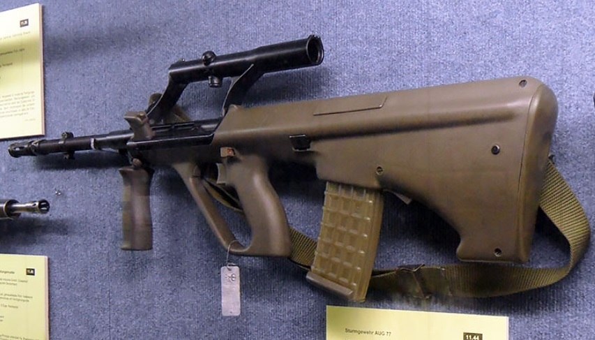Figure 7 — An AUG with the integral optic in the Wehrtechnische Studiensammlung, the German armed forces' technical study collection at Koblenz. Photograph: Verein der Freunde und Förderer der Wehrtechnischen…