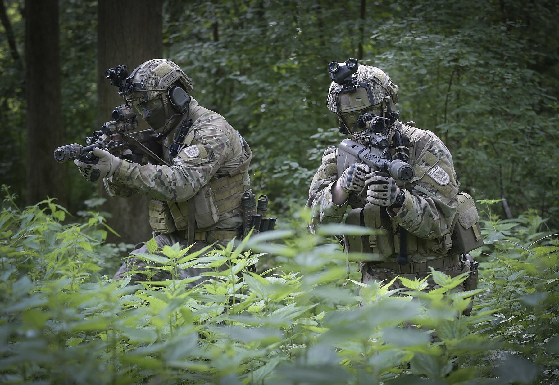 Figure 3 — Austrian special-operations soldiers (Jagdkommando) training in 2016 with railed AUGs carrying modern optics. The same receiver family now takes whatever the rail will hold. Photograph: Bundesheer,…