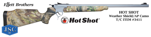 Figure 3 — The distributor sell sheet for HotShot No. 3411, hosted on Thompson/Center's own server in 2011: "Weather Shield/AP Camo", marked for Ellett Brothers and JSC. The barrel and frame are visibly light…