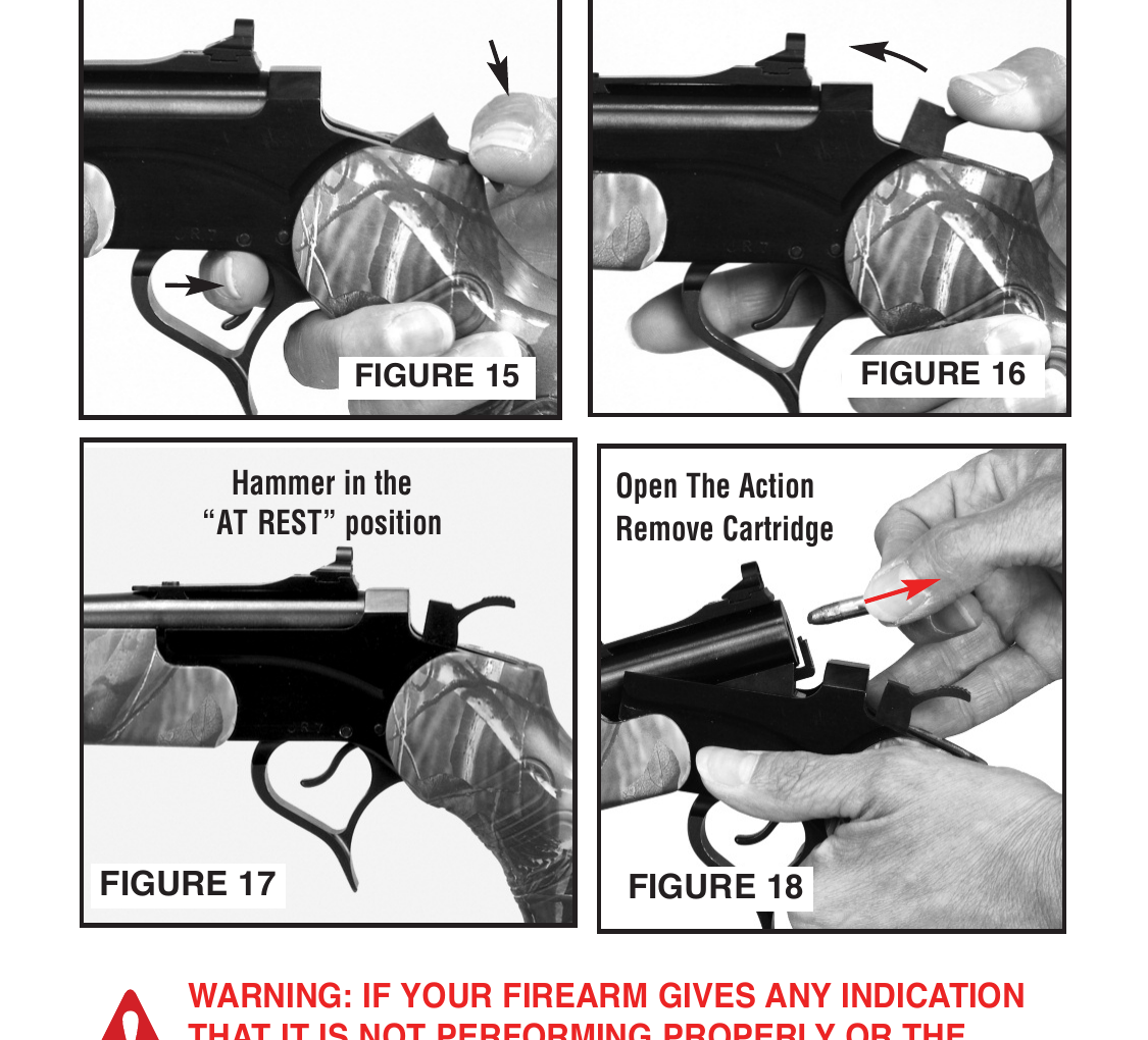 Figure 3 — Thompson/Center's decocking and unloading sequence from the manual. Figure 15: thumb firmly on the spur. Figure 16: trigger pressed only to release, then the finger removed while the thumb lowers t…