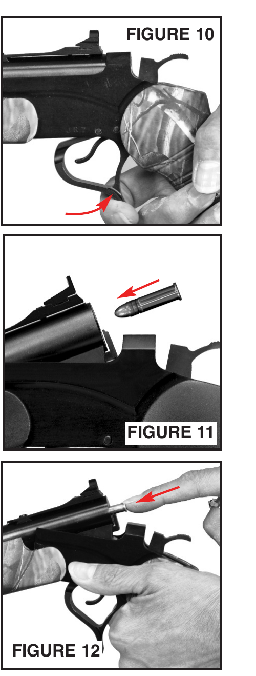 Figure 2 — Thompson/Center's own photographs of the loading sequence, from the HotShot manual. Figure 10: the trigger-guard spur pulled up and back to unlatch. Figure 11: the barrel tipped down and a single .…