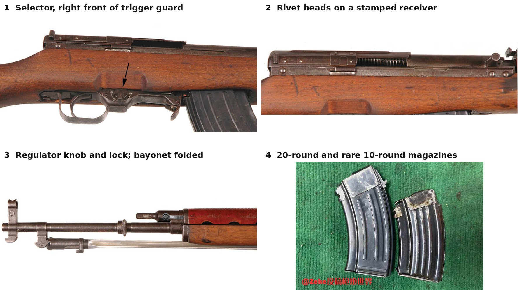 Figure 3 — Identifying details. 1: the selector at the right front of the trigger guard, marked 0, 1 and 2 (arrow); the stock is cut away for it, and the magazine catch is just ahead of the guard. 2: rivet he…
