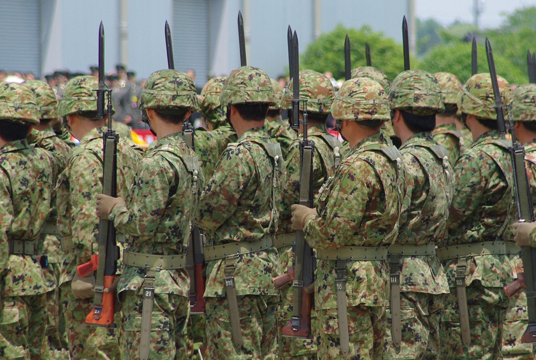 Figure 3 — Soldiers of the Kantō Logistics Depot on parade with Type 64s and fixed bayonets, Camp Kasumigaura, May 2012. Photograph by Los688, CC0, via Wikimedia Commons.