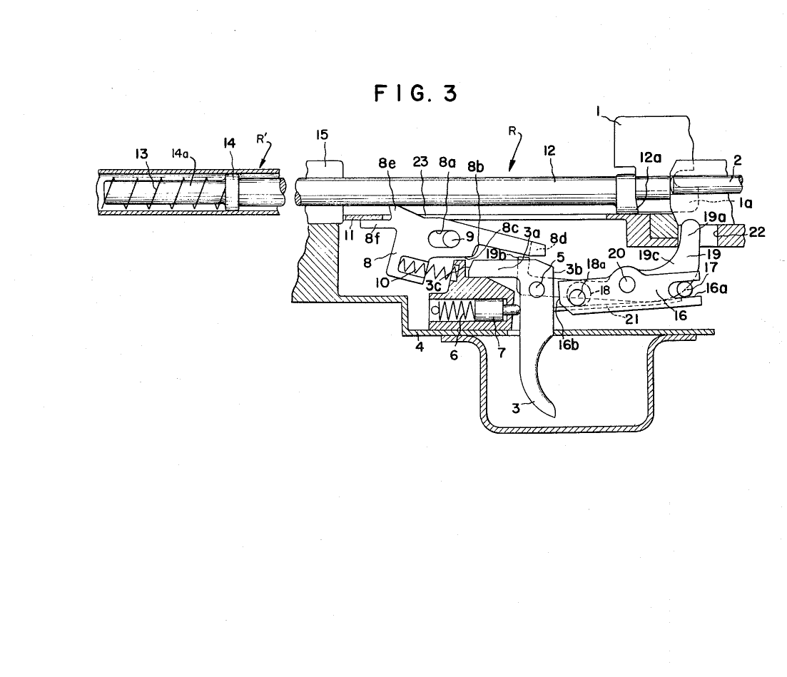 Figure 5 — The patent's FIG. 3: the whole mechanism in section, turned here so that the muzzle is to the right. The slide (1) and firing pin (2) are at the right; the hammer (12) runs left into the receiver t…