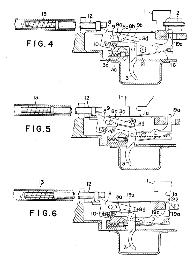 Figure 6 — The patent's FIGS. 4 to 6: the trigger group set for automatic fire before (4) and after (5) the trigger is pulled, and set for single shot (6), where the connector holds the sear lock's front proj…