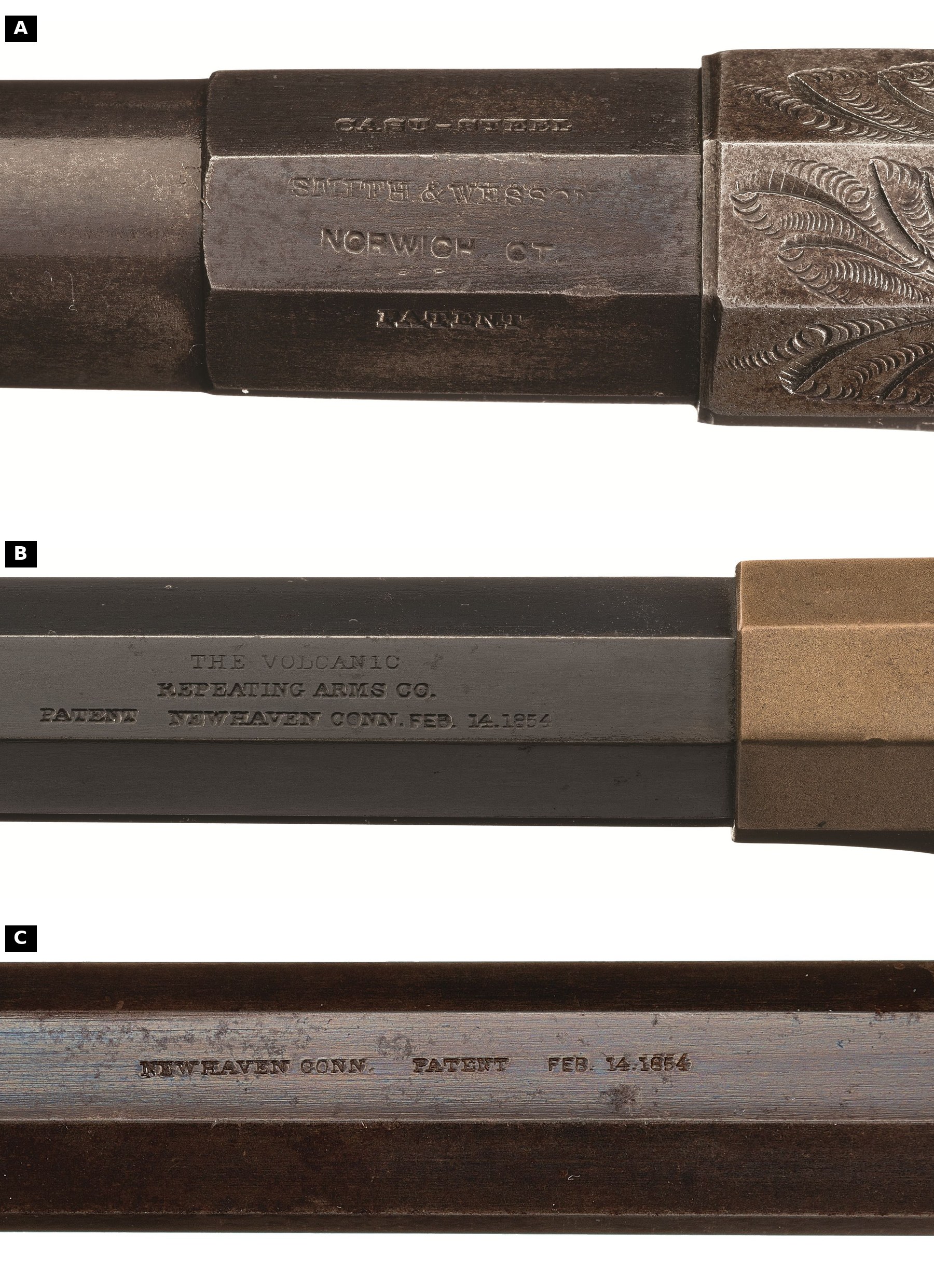 Figure 13 — The three makers' legends on real barrels. A, a Smith & Wesson No. 1 Type I, serial 19, iron frame: "SMITH & WESSON / NORWICH CT." on the top flat, "CAST-STEEL" on the right flat (seen upside down …