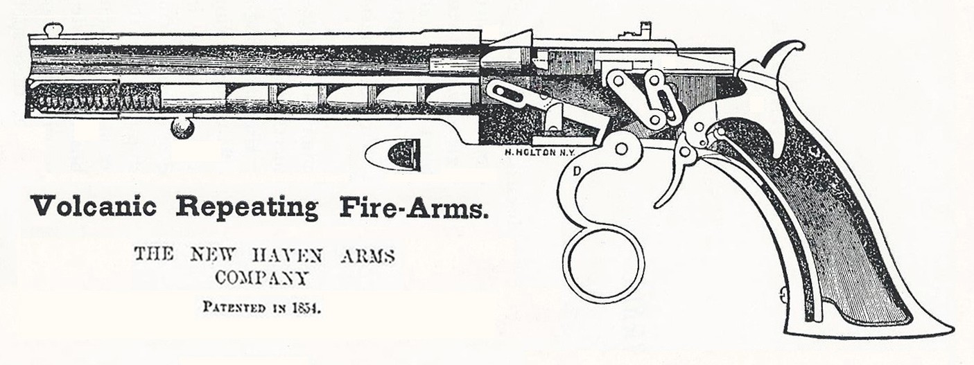Figure 4 — An engraving of a Volcanic pistol with its mechanism shown in section, captioned "Volcanic Repeating Fire-Arms. The New Haven Arms Company. Patented in 1854." The ball in the magazine and the cartr…