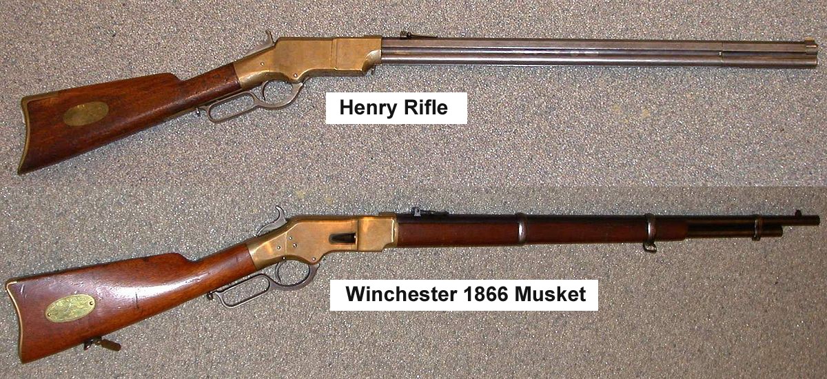 Figure 18 — A Henry rifle, above, and a Winchester Model 1866 musket, below. The frames and toggle actions are the same lineage; the 1866 adds King's side gate, a closed magazine and a wooden forearm. Photogra…