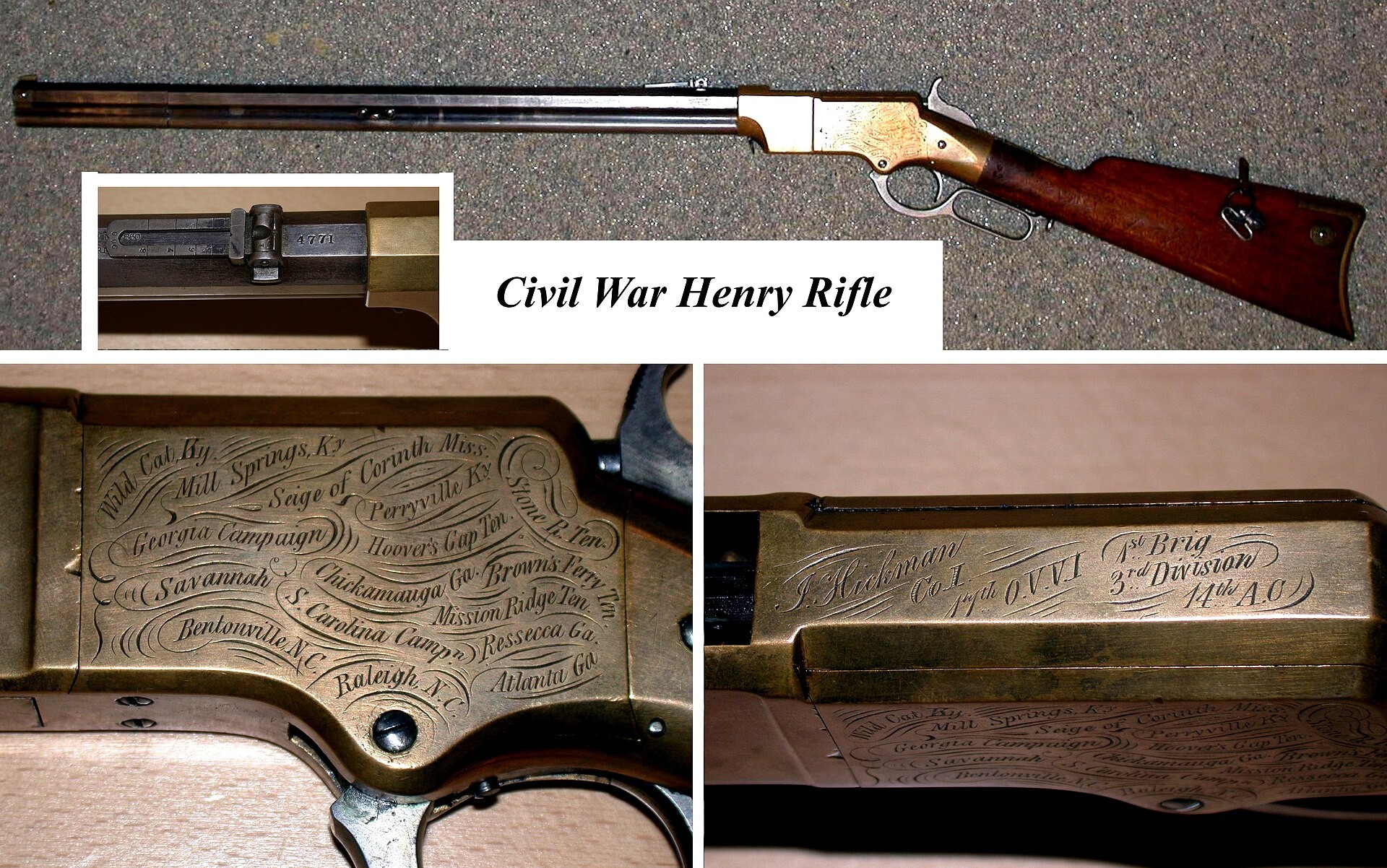 Figure 1 — A Henry rifle, with details of its engraved frame, in a composite photograph. Brass frame, lever loop, octagon barrel with the magazine tube beneath it: set beside a Volcanic carbine, the Henry is …