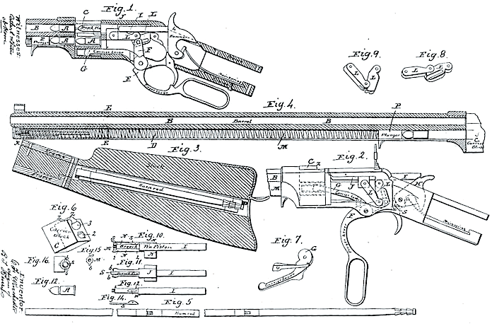 Figure 6 — The cutaway drawing of the Henry rifle from the National Park Service's nineteenth-century repeaters manual: the tube magazine under the barrel, the carrier, the breech-pin and the toggle links wor…