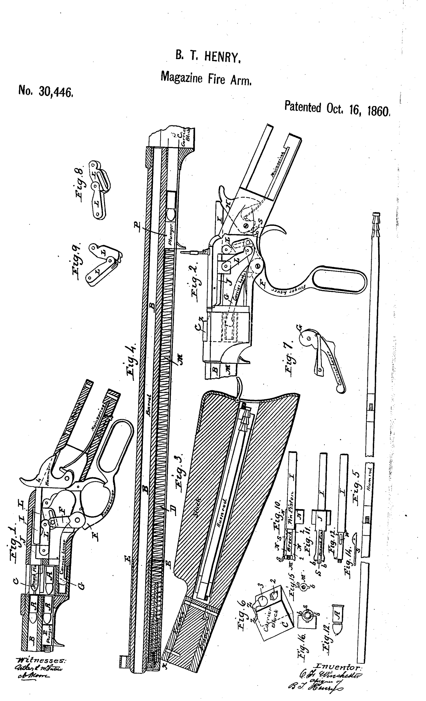 Figure 4 — B. Tyler Henry's patent, US 30,446, 16 October 1860. Figs. 8 and 9 are the toggle links; Fig. 10 the hollow breech-pin with the firing piston through it; Fig. 12 the rimfire cartridge. The specific…