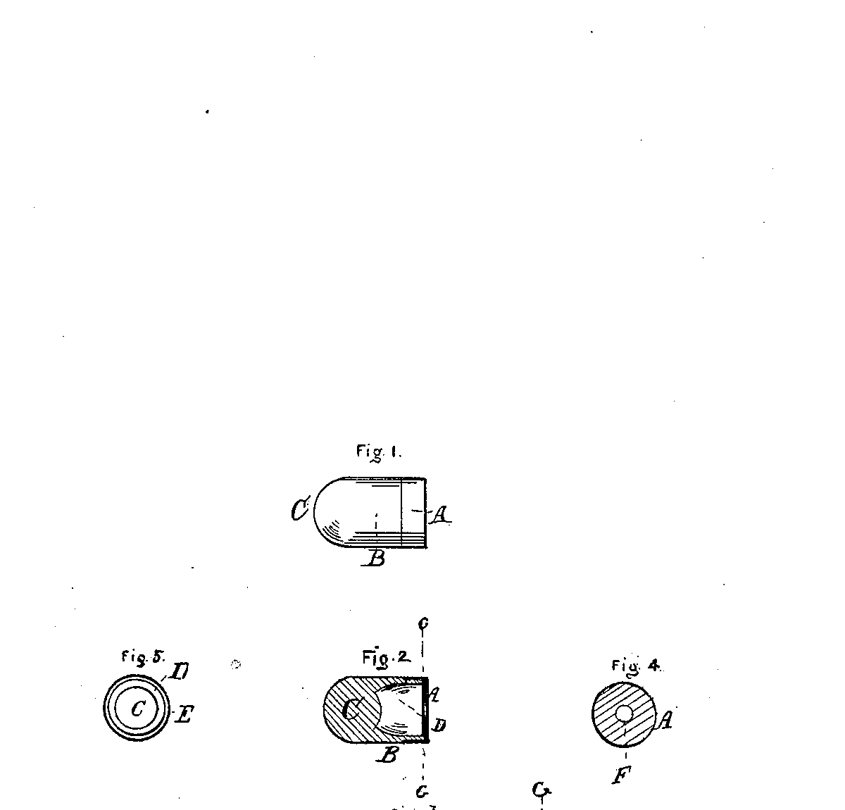 Figure 2 — The drawing of US Patent 5,701, 10 August 1848: Walter Hunt's rocket ball. Fig. 2 is the section: the lead ball C with its powder cavity D, and the cap A closing the base. Fig. 4 is the cap seen fr…