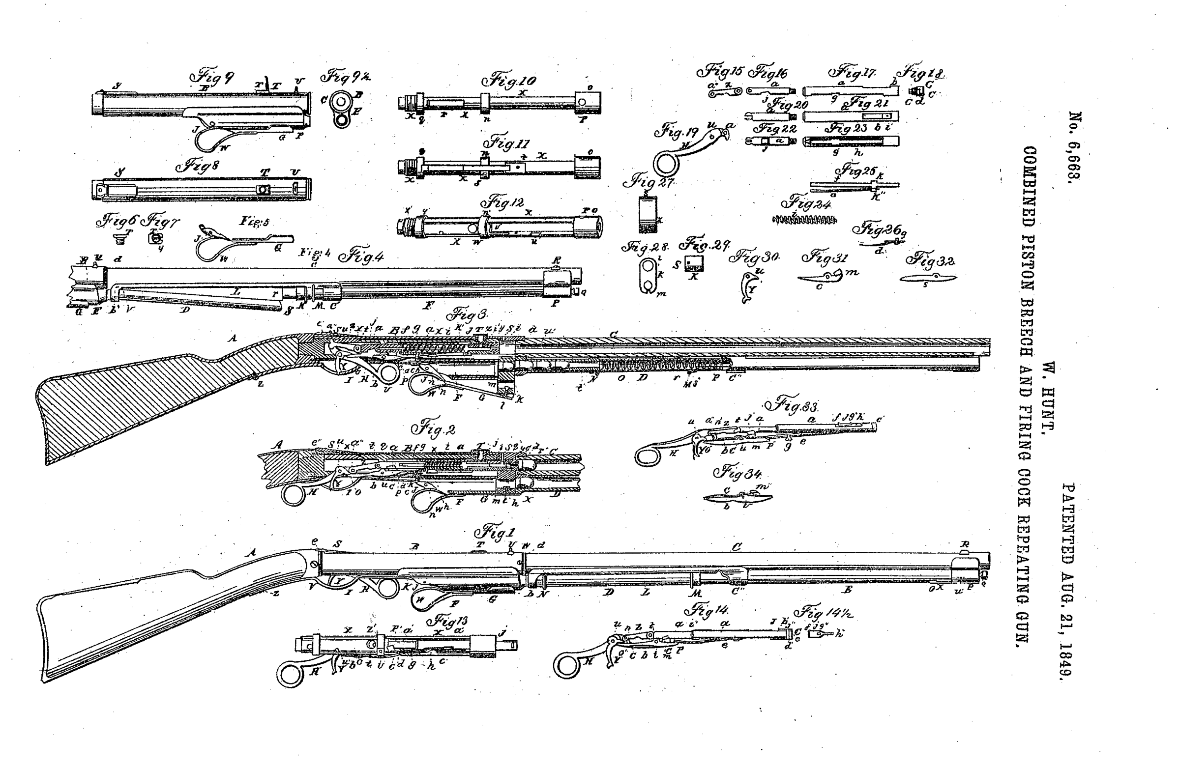 Figure 1 — Walter Hunt's repeating gun as he patented it in 1849. Read the sheet for the parts that survive into every Volcanic: a tube magazine running under the barrel, a sliding breech-pin that pushes each…