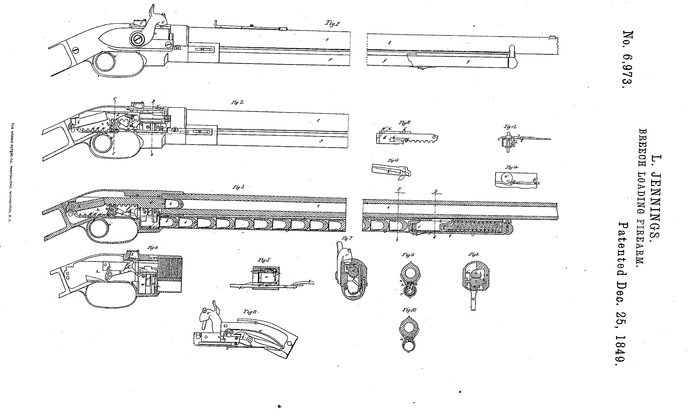 Figure 3 — The drawing of Lewis Jennings's US Patent 6,973, 25 December 1849, turned so the rifles read muzzle to the right. The sliding ring trigger under the frame works the whole mechanism through a rack a…