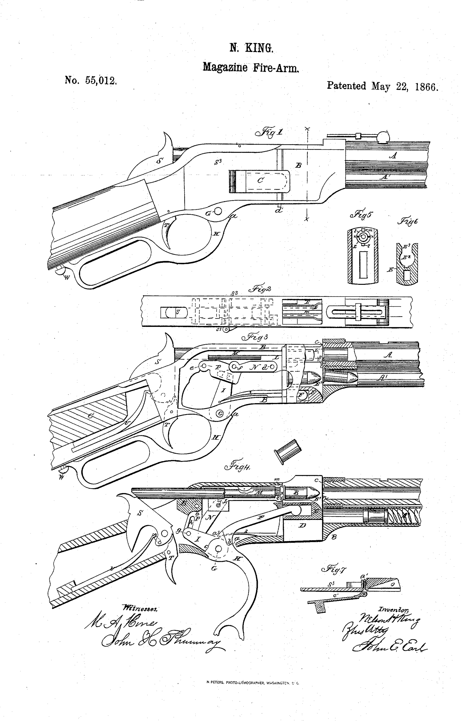 Figure 17 — Nelson King's patent, US 55,012, 22 May 1866, assigned to O. F. Winchester: the frame with an opening in its side through which the closed magazine is loaded. It ended the Volcanic's way of loading…