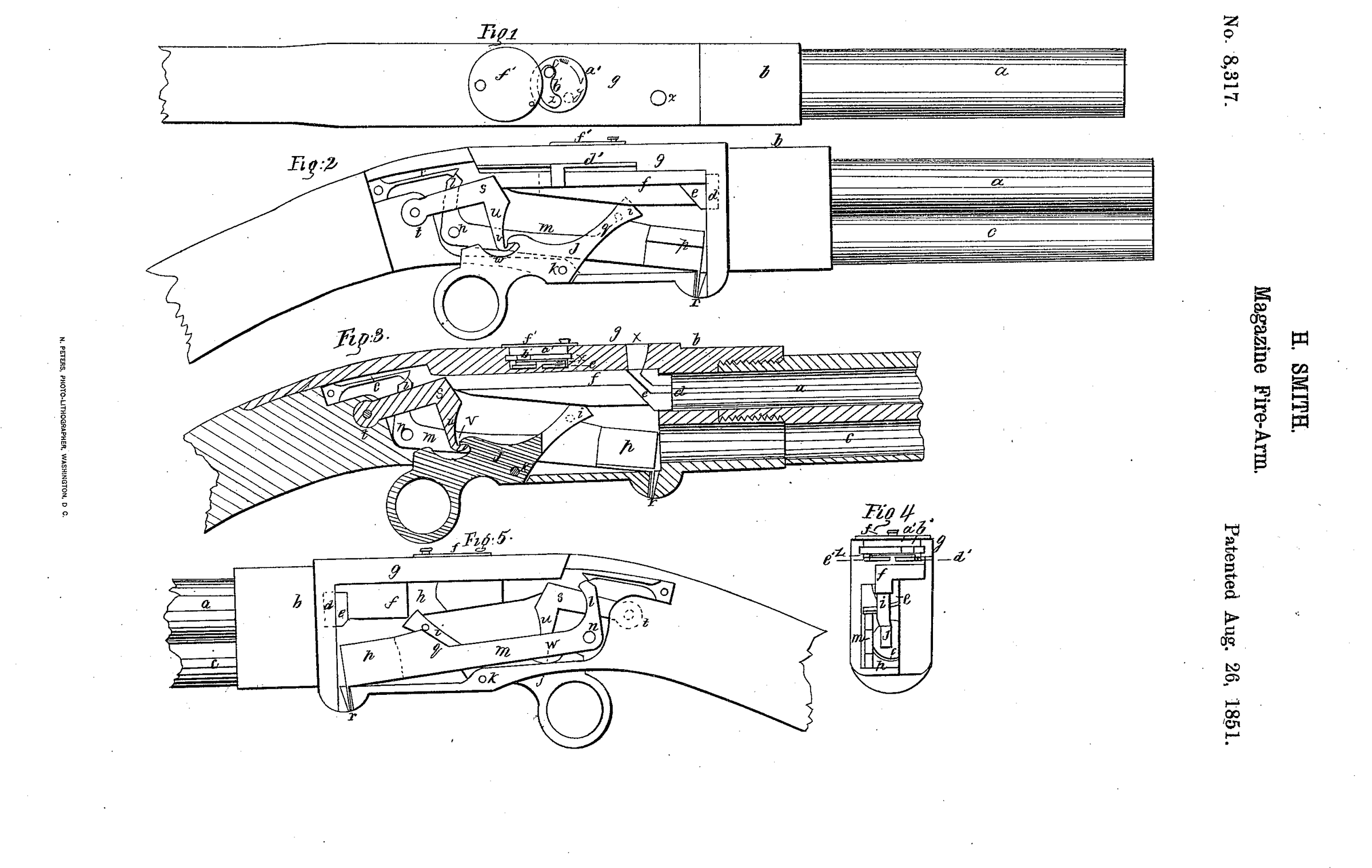 Figure 8 — Horace Smith's improvement, US Patent 8,317, 26 August 1851, turned muzzle-right. Fig. 2 shows the finger lever with its loop below the frame, connected directly to the carrier of the breech-pin. F…