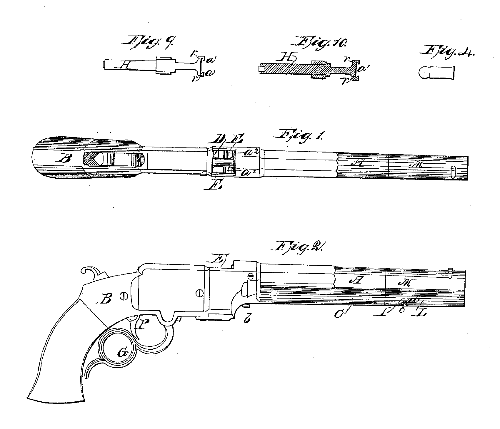 Figure 1 — Sheet 1 of the patent stamped on every Volcanic barrel: US Patent 10,535, granted to Horace Smith and Daniel B. Wesson of Norwich on 14 February 1854, turned to read muzzle-right. Fig. 2 is the pis…