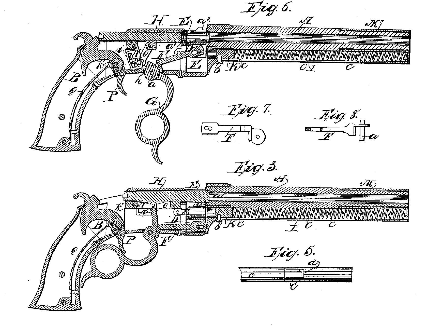 Figure 2 — Sheet 2 of US Patent 10,535, turned muzzle-right. Fig. 6, above, is the pistol in section with the lever swung down and the action open; Fig. 3, below, is the action closed. In both, read the lette…