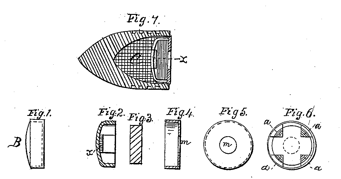 Figure 4 — US Patent 14,147, 22 January 1856, assigned to the Volcanic Repeating Arms Company. Fig. 7 is the loaded ball in section: solid lead except for the cavity C holding the powder, with the primer clos…