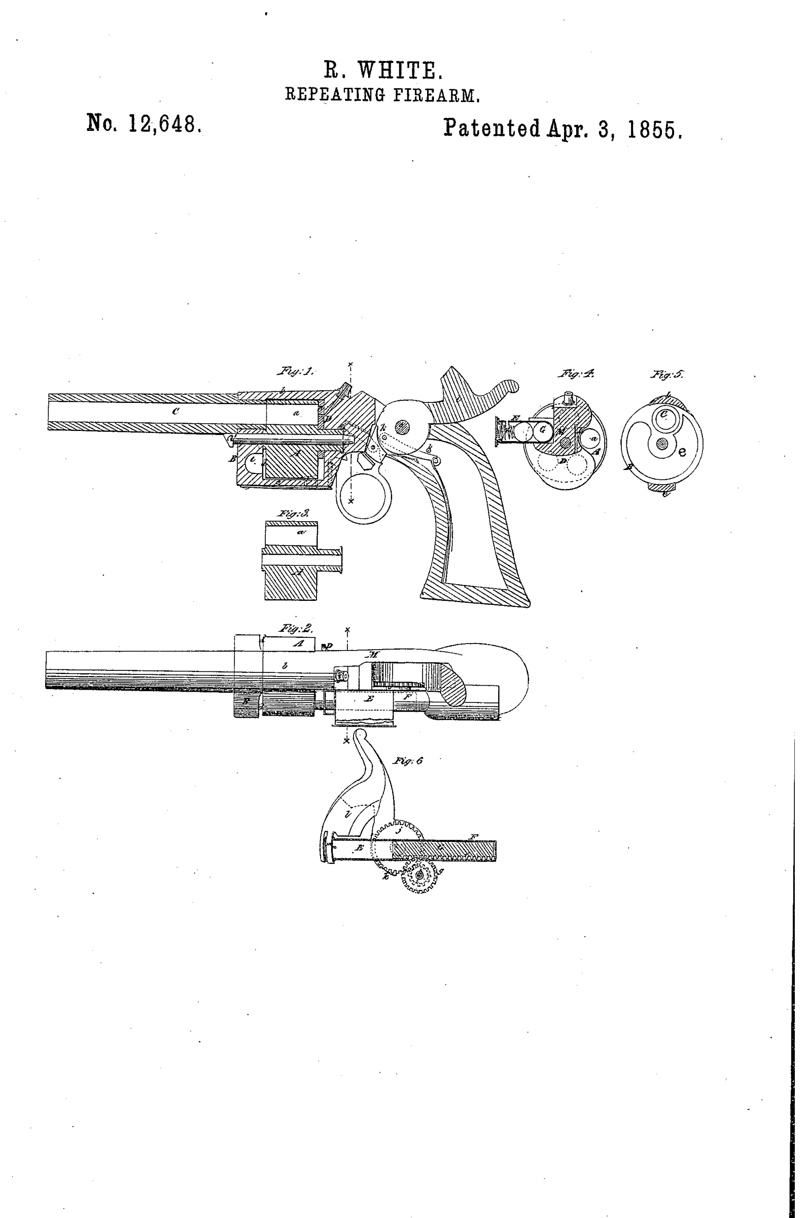 Figure 6 — Rollin White's patent, US 12,648, 3 April 1855: a revolver cylinder with its chambers bored right through. Smith and Wesson licensed it in November 1856 and left the lever-action business to make t…
