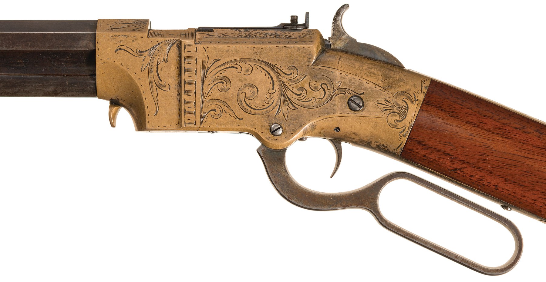 Figure 10 — The same carbine's frame, right side: factory scroll engraving on the brass, the toggle-link pin screws, the lever and the trigger. Photograph by Rock Island Auction Company, September 2019, lot 33…