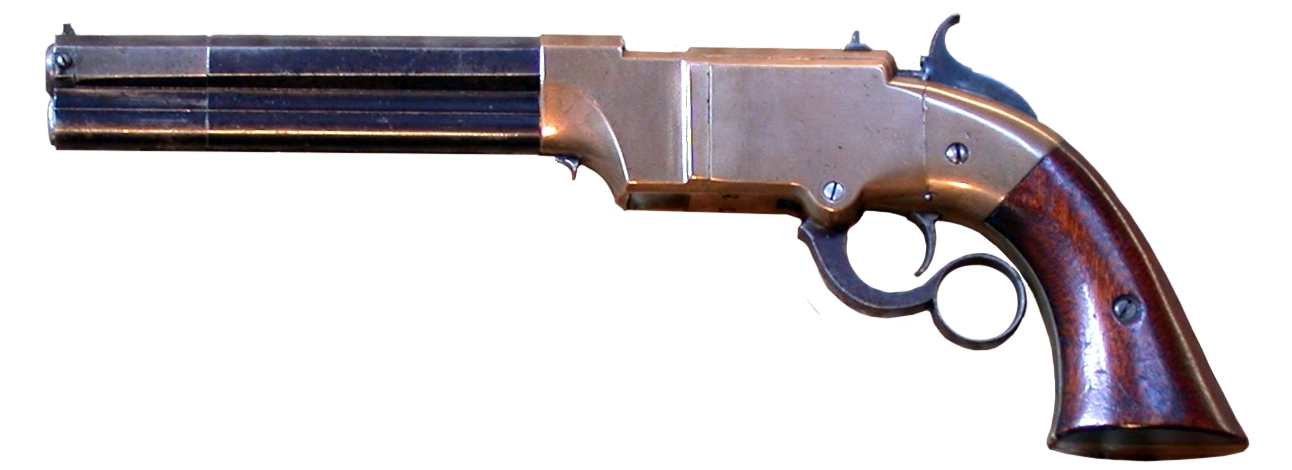 Figure 5 — A Navy pistol with a six-inch barrel, .41, its owner's caption dating it 1855 to 1857, with the background removed. The brass frame and full octagon barrel mark it as one of the two New Haven maker…