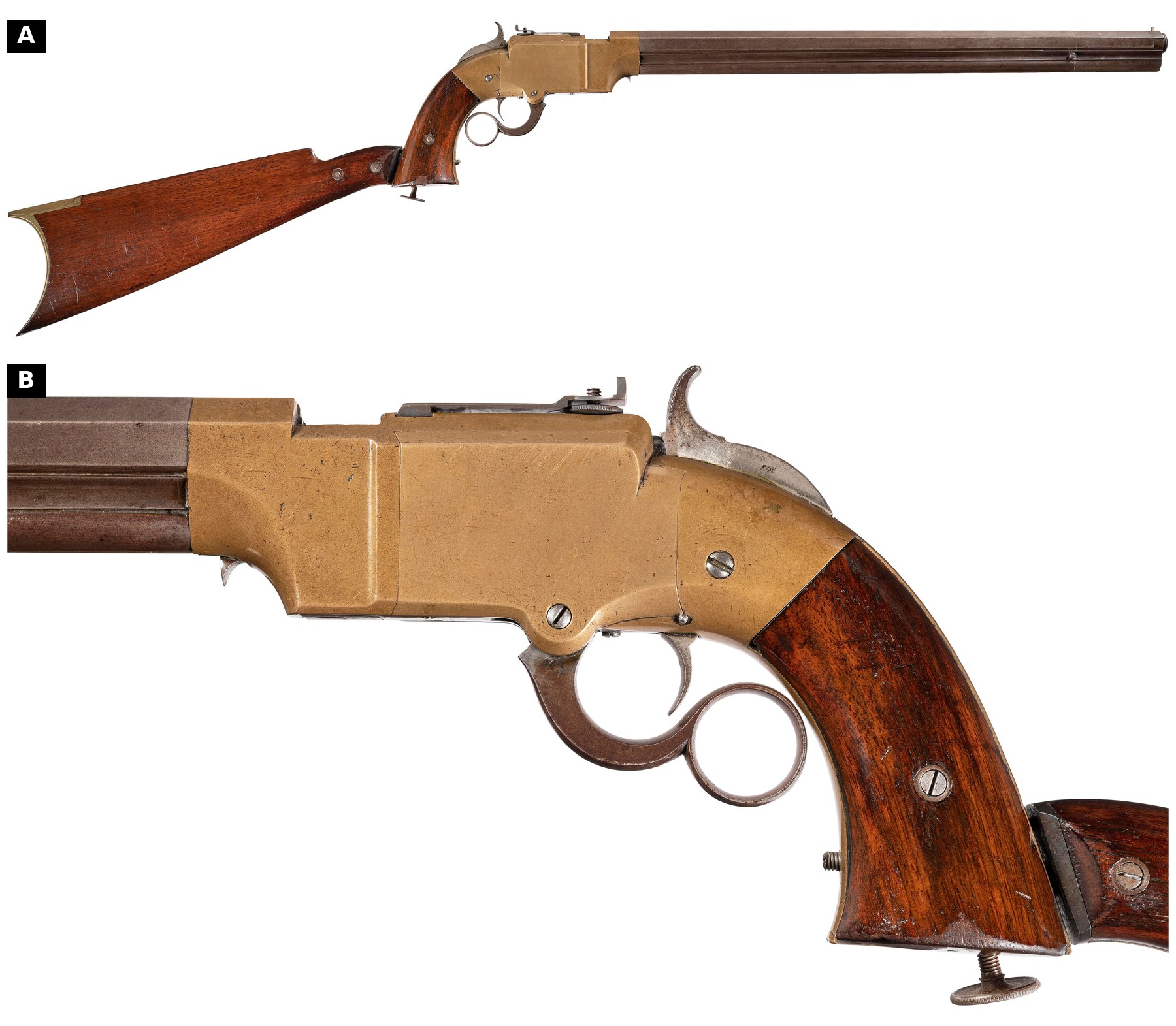 Figure 6 — A Volcanic Repeating Arms Company pistol-carbine with its attachable stock fitted, catalogued with a George Madis letter calling it "original and correct". A, right side, whole arm, 16.5-inch octag…