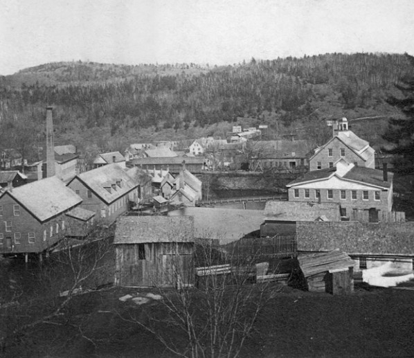 Figure 5 — The Windsor armory complex around the time of the Civil War. The tall building with the cupola at right is the original Robbins & Lawrence Armory of 1846; by then the works belonged to Lamson, Good…