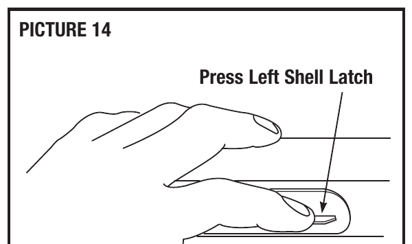 Figure 2 — The manual's Picture 14: with the barrel off and the carrier pushed up, a finger reaches into the bottom of the receiver to depress the left shell latch, which frees the action bars to slide forwar…