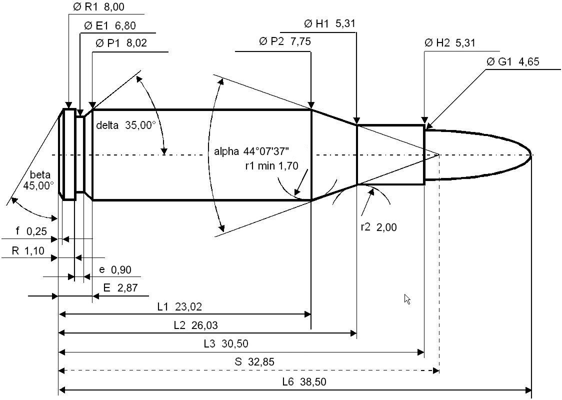 Figure 2 — The maximum C.I.P. dimensions of the 4.6×30, drawn by a Commons contributor: rim 8.00 mm, body 8.02 mm at the base tapering to 7.75 mm, shoulder angle 44° 07′ 37″, neck 5.31 mm, bullet 4.65 mm, cas…