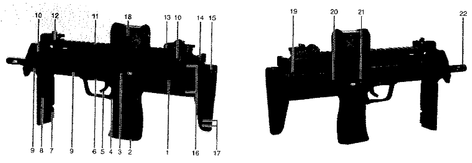 Figure 11 — H&K's own figures from the MP7A1 operator's manual, Fig. 4 (left side, muzzle to the left) and Fig. 5 (right side), from a 2011 fax copy, with the manual's key numbers: 1 receiver, 2 magazine, 3 sa…
