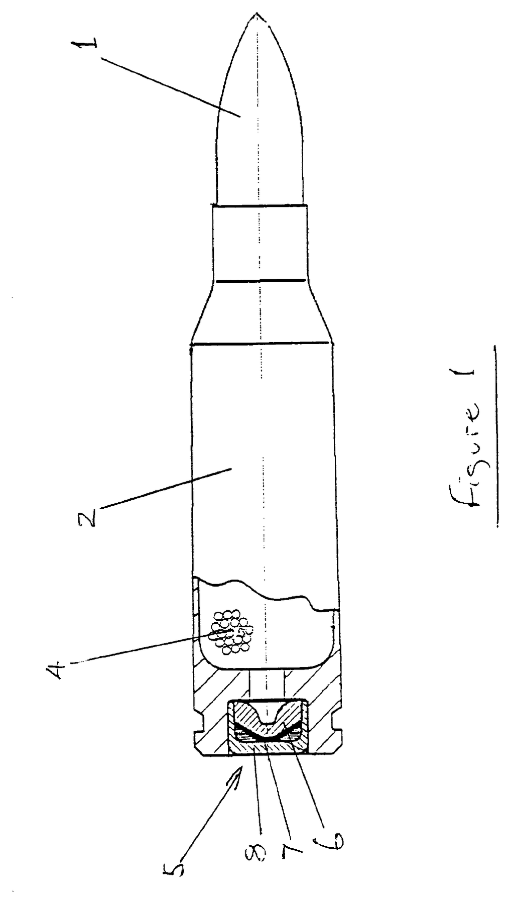 Figure 5 — US Patent 7,210,411, Figure 1: the round partly cut away. Numbered: 1 projectile, 2 brass case, 4 propellant, 5 primer cap, with the primer's parts at 6, 7 and 8. The case shows the 4.6×30's bottle…