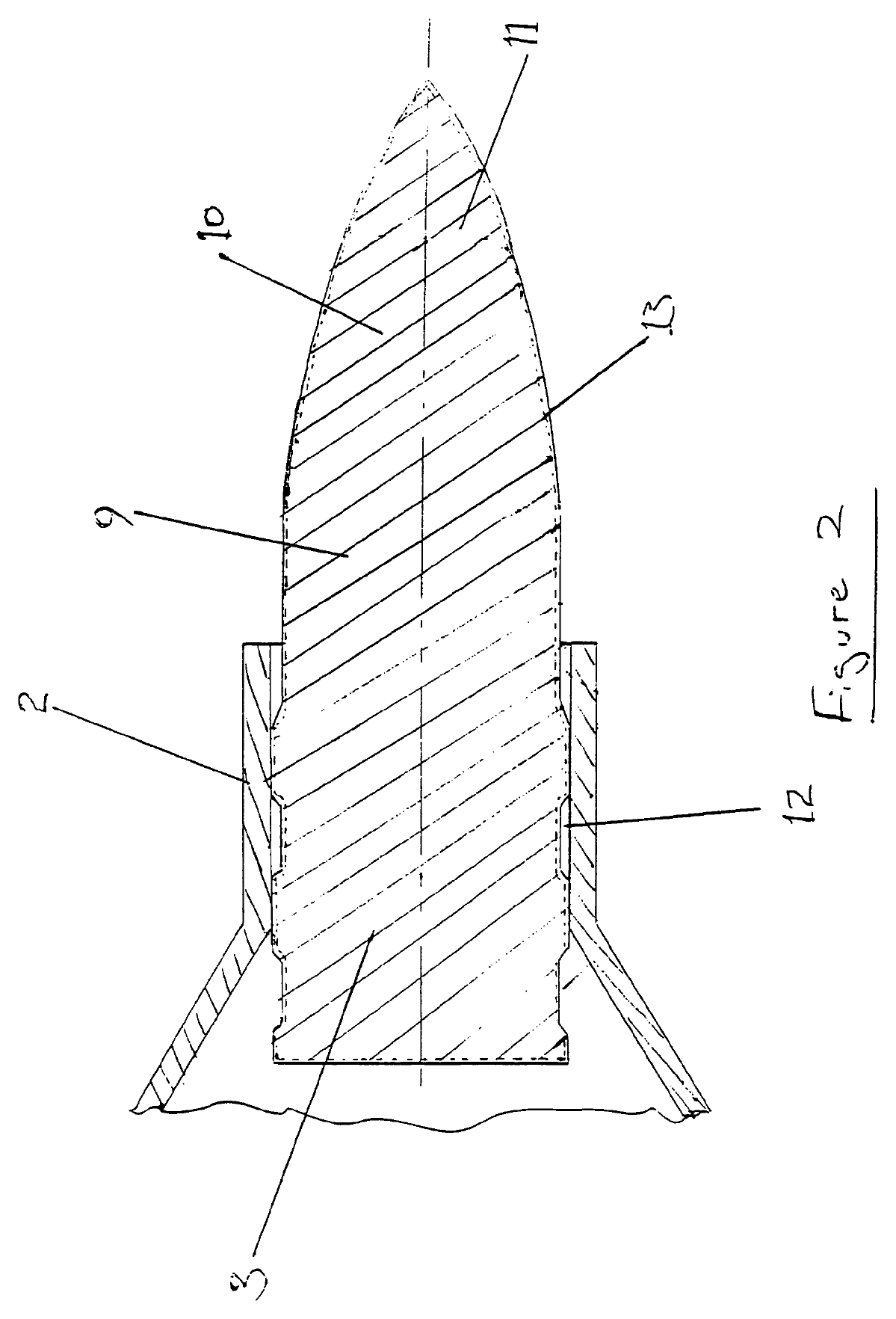 Figure 6 — US Patent 7,210,411, Figure 2: the projectile in section, seated in the case mouth. Numbered: 9 the steel body, 10 and 11 the ogive, 12 the annular grooves, 13 the copper coating, 3 the rear of the…