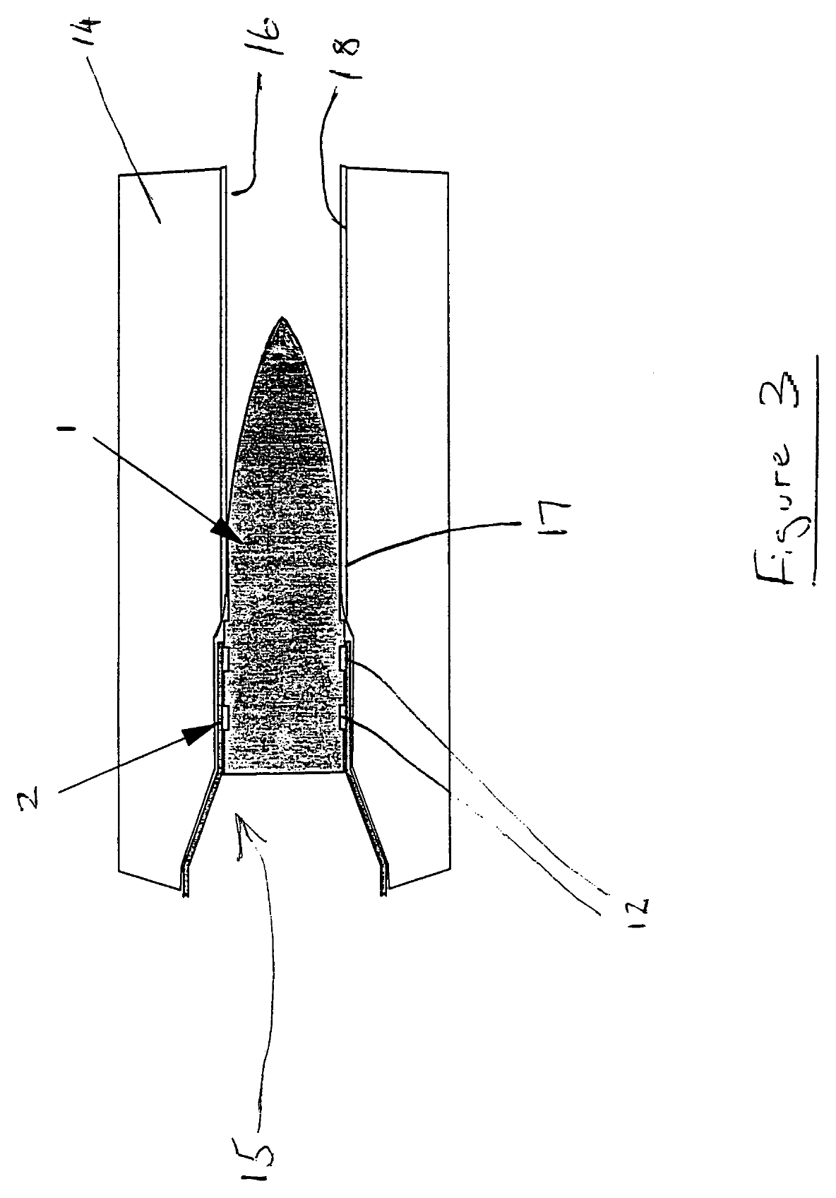 Figure 7 — US Patent 7,210,411, Figure 3: the projectile in the rifled barrel, where the lands cut into the coating and not into the steel beneath it.