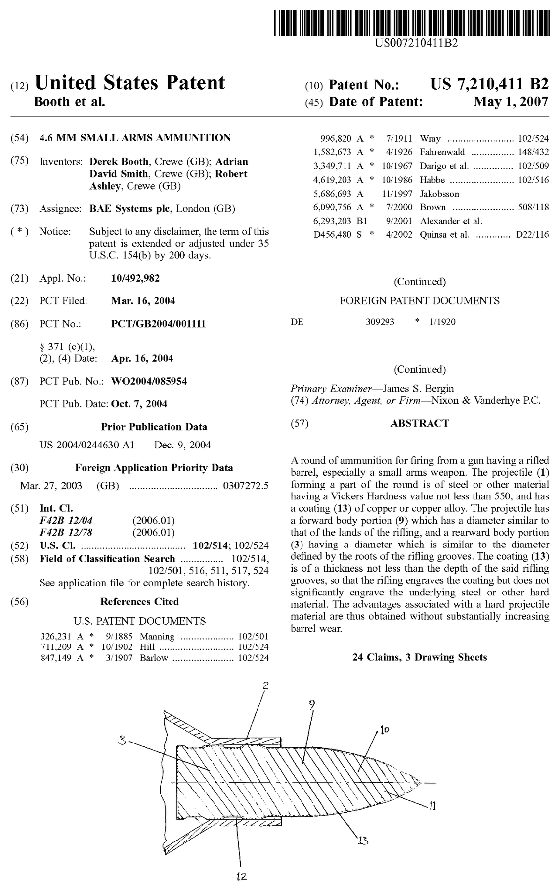 Figure 4 — US Patent 7,210,411, front page: "4.6 mm small arms ammunition", BAE Systems plc, granted 1 May 2007 from a British application of 27 March 2003. The inventors worked at Crewe, home of the Radway G…