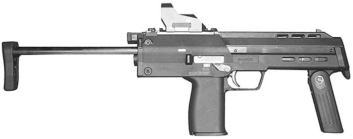 Figure 3 — The PDW prototype with its stock extended, the vertical grip stowed and a 20-round magazine, from Small Arms Review's March 2000 report. Photo: Small Arms Review, March 2000.