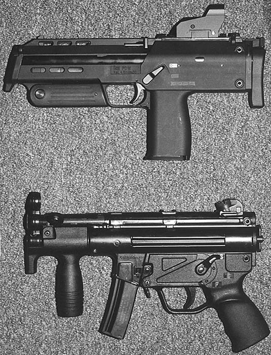 Figure 3 — The PDW (top) beside an MP5K (bottom). Small Arms Review's caption: "The new HK PDW is nearly identical to the MP5K in overall length but is 2 pounds lighter." Photo: Small Arms Review, March 2000.