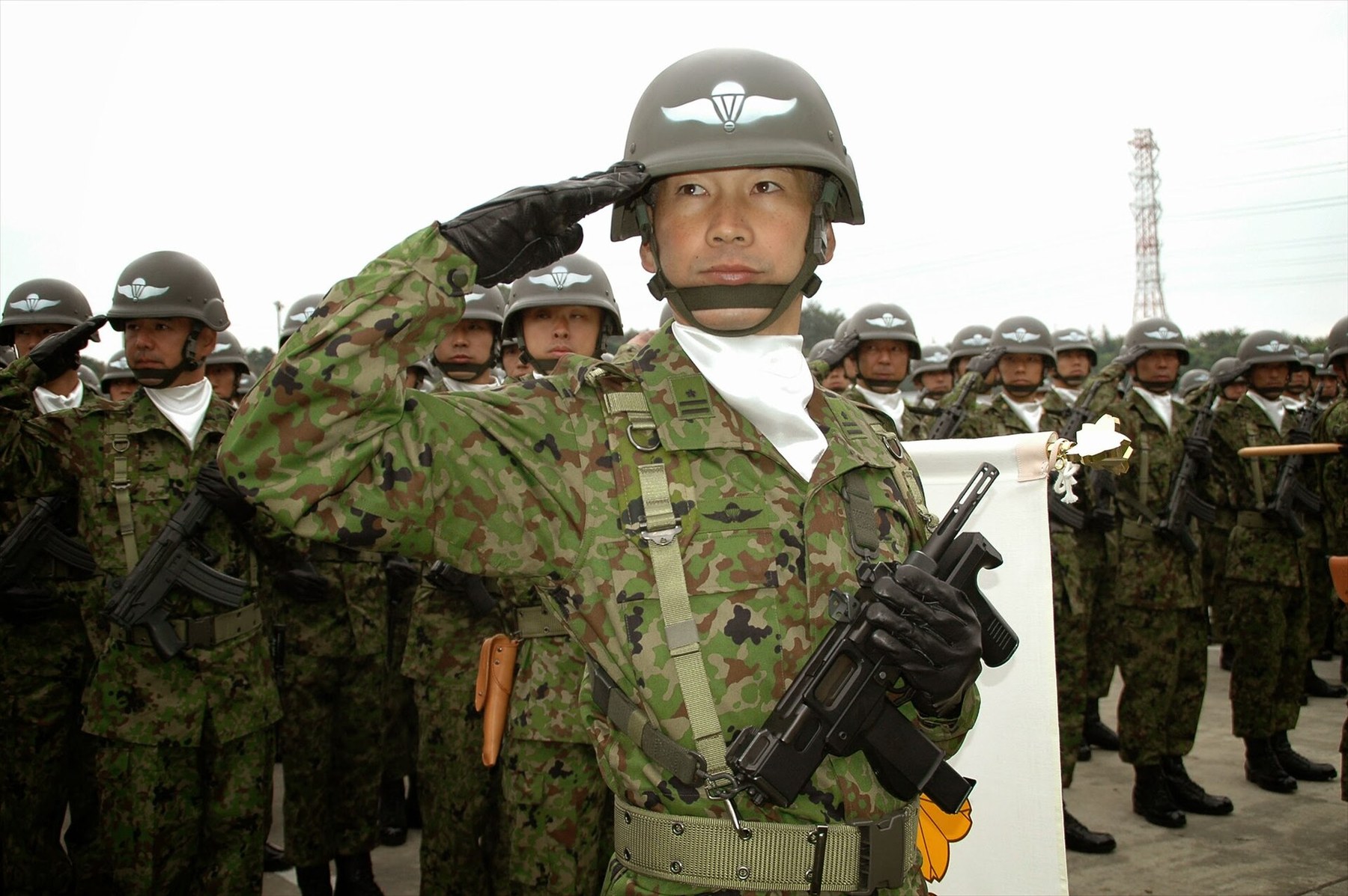 Figure 2 — An officer of the 1st Airborne Brigade salutes at the Self-Defense Forces Day review, his M9 slung on his chest. Japan Ground Self-Defense Force photograph, CC BY 4.0, via Wikimedia Commons.