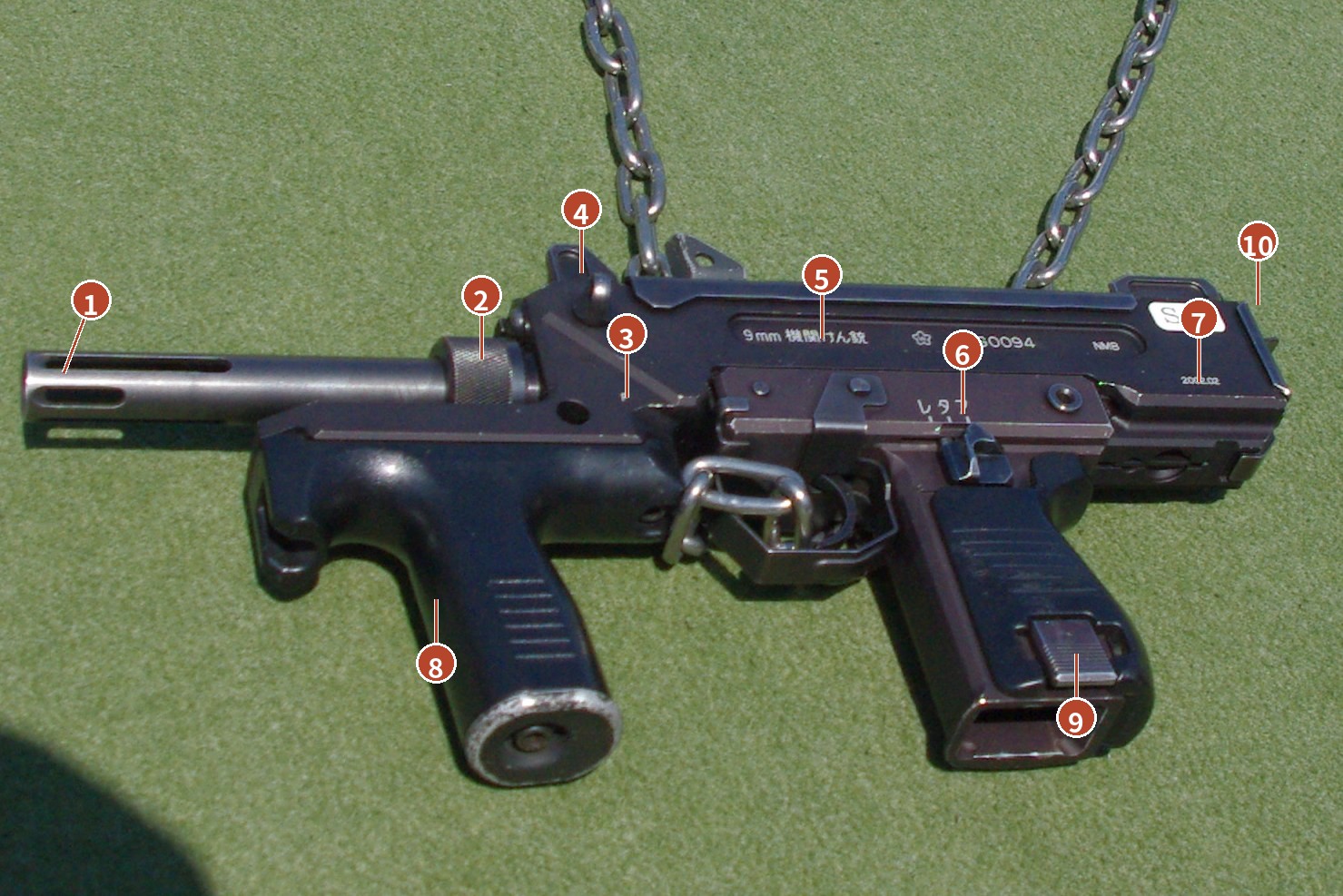 Figure 2 — The M9 at Camp Utsunomiya, left side, with numbered features. Key: 1, the slotted muzzle device (制退器, muzzle brake); 2, the knurled barrel nut; 3, the P proof mark; 4, the front sight with its prot…