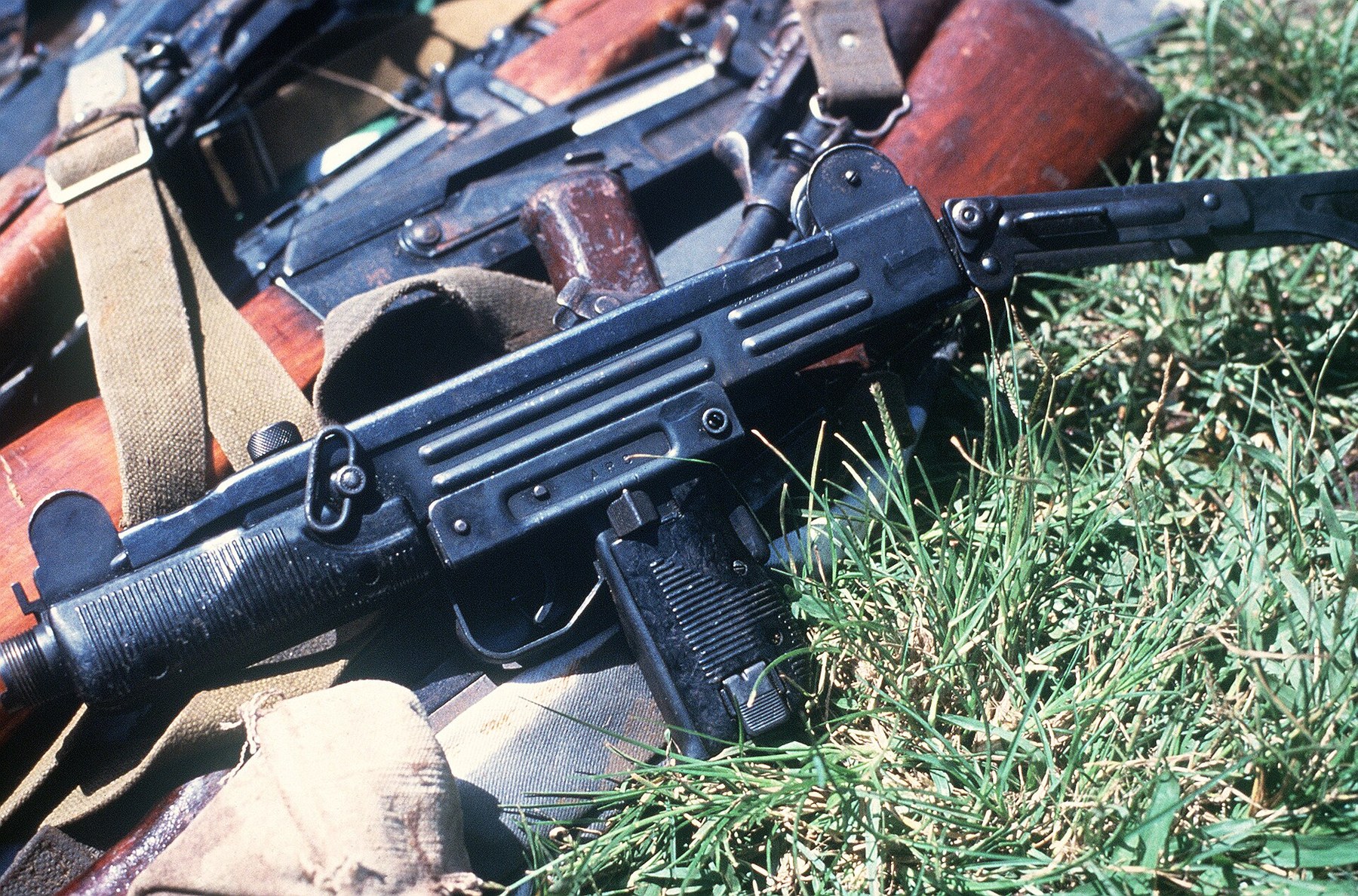 Figure 5 — An Israeli-made Uzi seized during Operation Urgent Fury, Grenada, 1983: the weapon the Diet had held up as the standard against which Japan's submachine guns fell short. US Navy photograph by PH2 D…