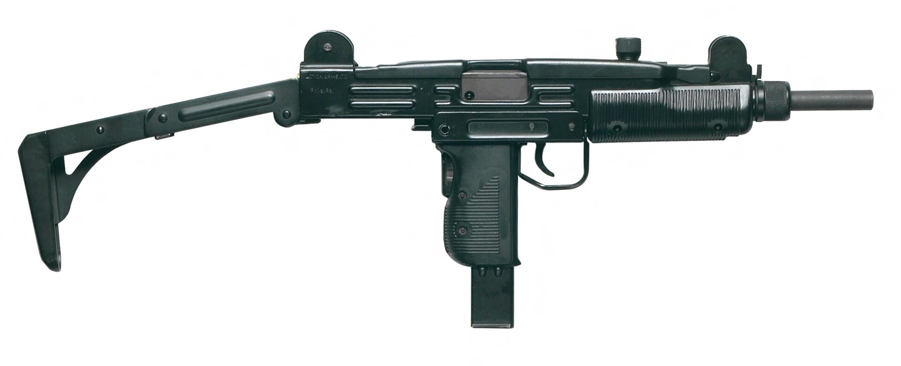 Figure 11 — An Uzi with its folding stock extended, right side: long receiver, ribbed handguard, short barrel. US Air Force photograph, public domain, via Wikimedia Commons.